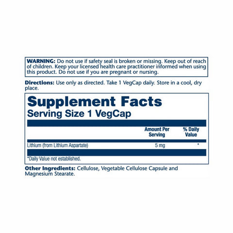 Solaray, Lithium Aspartate, 5 mg, 100 Caps