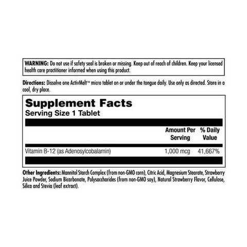 Kal, B-12 Adenosylcobalamin Activmelt Strawberry, 1000 Mcg, 90 Count Kal