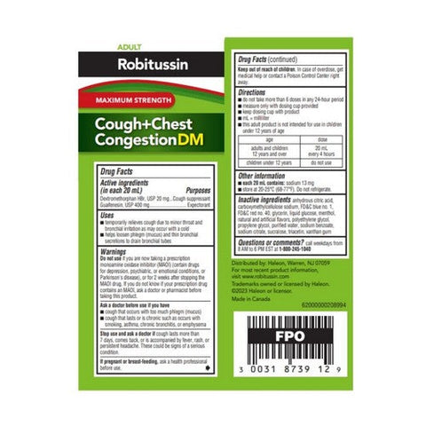 Robitussin, Adult Cough + Chest Congestion Dm Liquid Maximum Strength, 4 Oz Robitussin