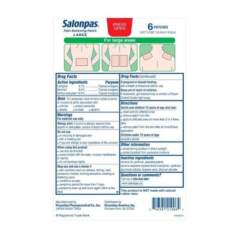 Salonpas, Pain Relieving Patches Large, 6 Each Salonpas