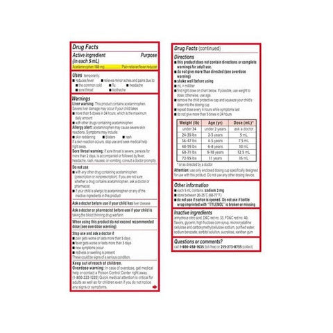 Tylenol, Children'S Pain + Fever Acetaminophen Oral Suspension Bubblegum, 160 Mg, 4 Oz Tylenol