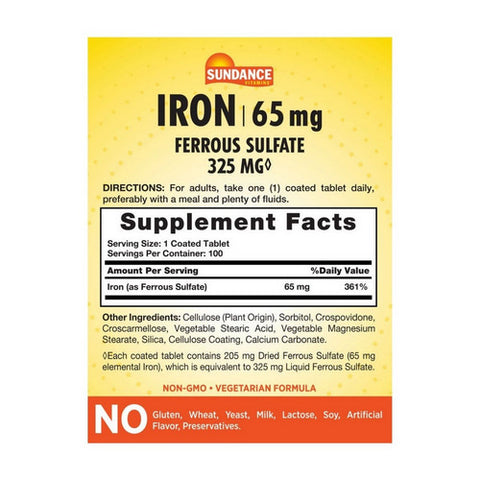 Sundance, Vitamins Iron Tablets, 65 mg, 100 Tabs