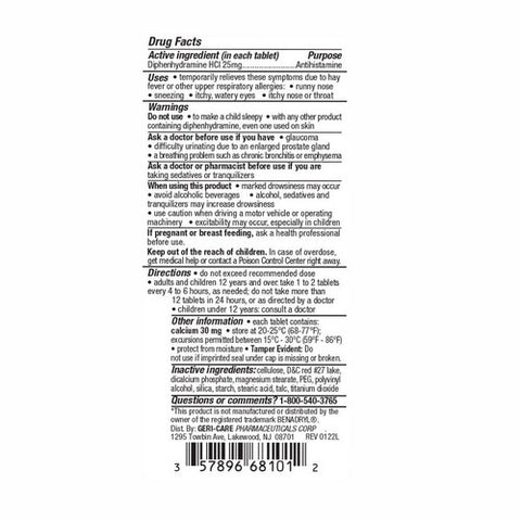 Basic Vitamins, Allergy Relief Geri-Dryl 25 mg Strength Tablet 100 per Bottle, 100 Tablets