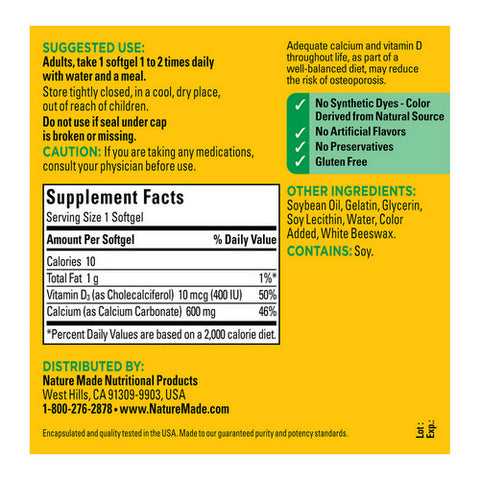 Nature Made, Calcium With Vitamin D3, 600 Mg, 100 Softgels