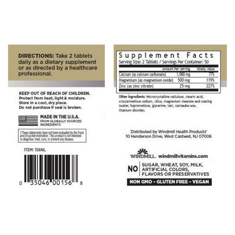 Windmill Health, Calcium - Magnesium & Zinc, 100 Tabs
