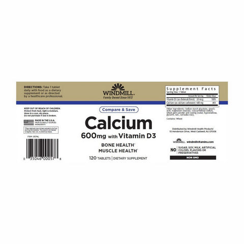Windmill Health, Calcium as Carbonate with Vitamin D, 600 mg, 120 Tabs