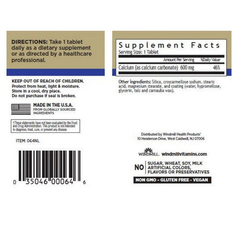 Windmill Health, Calcium Carbonate, 600 mg, 60 Tabs Windmill Health