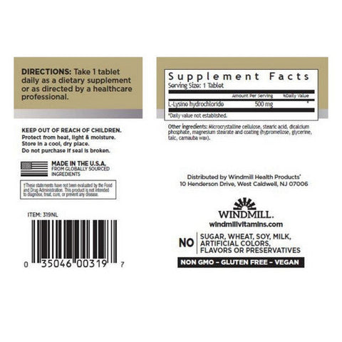 Windmill Health, L-Lysine HCL, 500 mg, 120 Tabs Windmill Health