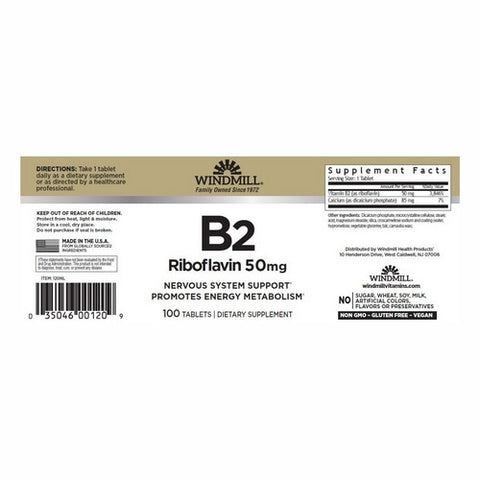 Windmill Health, Vitamin B2, 50 Mg, 100 Tabs