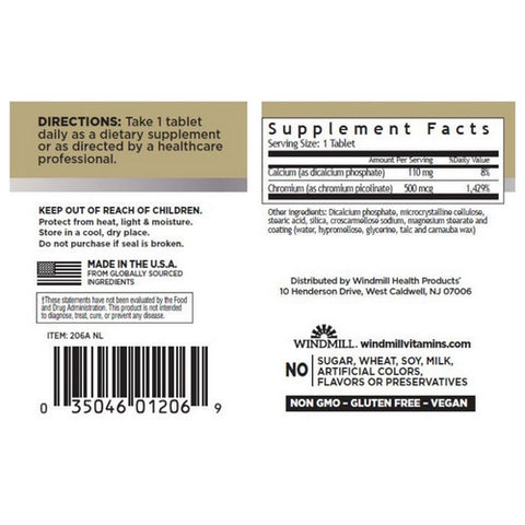 Windmill Health, Chromium as  Picolinate, 500 mcg, 60 Tabs