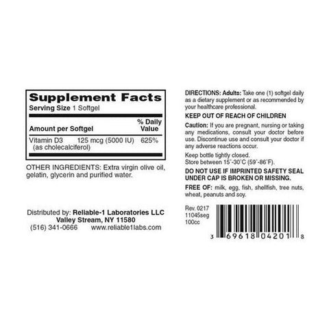 Reliable1, Vitamin D3, 125 Mcg, 100 Softgels Reliable1