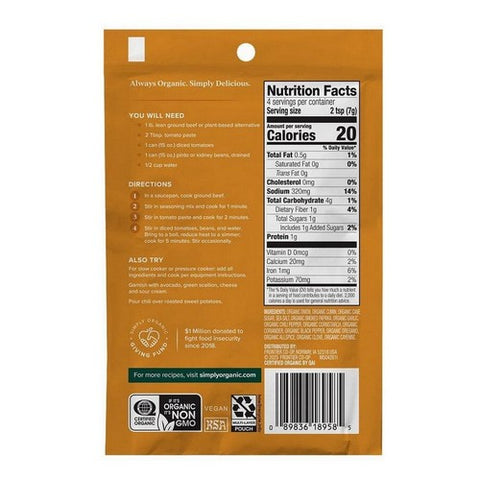 Simply Organic, Organic Mild Chili Seasoning Mix, 1 Oz(Case Of 12)