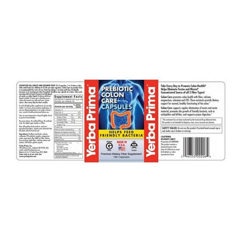 Yerba Prima, Prebiotic Colon Care Caps, 625 mg, 180 Caps