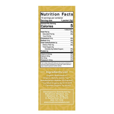 Maitake Mushroom Wisdom, Matcha Maitake D-Fraction Extract Sticks, 10 Count