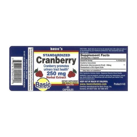 Basic Vitamins, Cranberry Herbal Extract, 250 Mg, 60 Caps