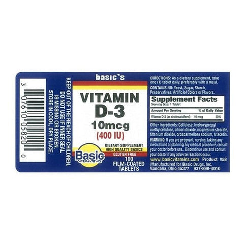 Basic Vitamins, Natural Vitamin D3, 400 IU, 100 Tabs Basic Vitamins