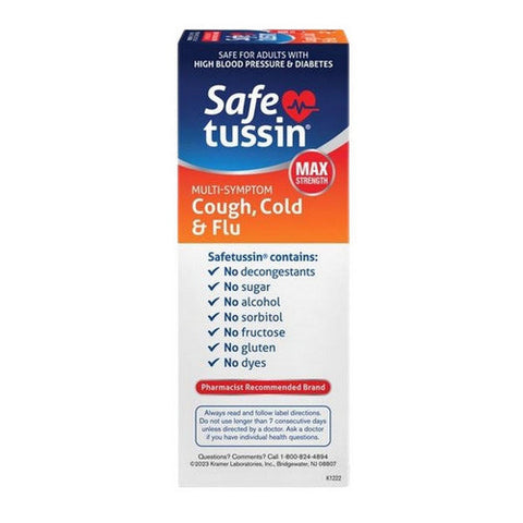 Safetussin, Max Strength Multi Symptom Cough Cold And Flu Liquid Cherry Menthol, 8 Oz Safetussin