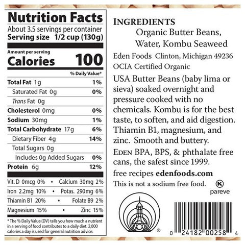 Eden Foods, Organic Butter Beans Baby Lima, 15 Oz (Case Of 12)