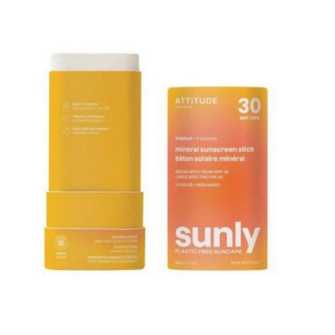 Attitude, Tropical Mineral Sunscreen Stick SPF 30 Sunly Plastic Free, 2.1 Oz