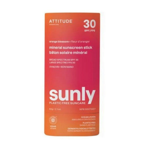 Attitude, Mineral Sunscreen Stick SPF 30 Sunly Plastic Free Orange Blossom, 2.1 Oz