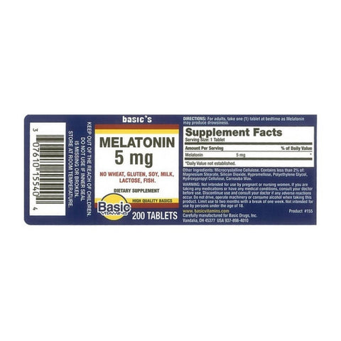 Basic Vitamins, Melatonin Tablets, 5 Mg, 200 Count
