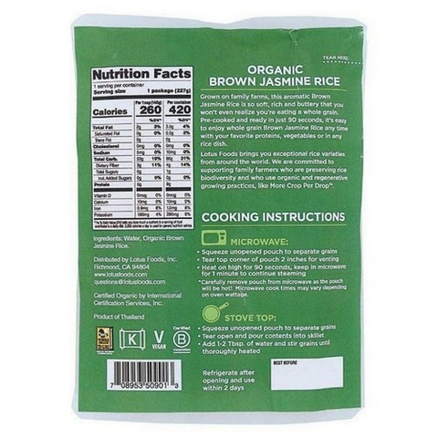 Lotus Foods, Organic Brown Jasmine Heat And Eat Rice Pouch, 8 Oz
