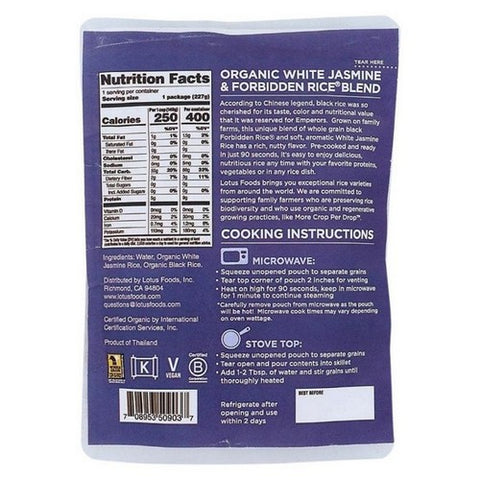 Lotus Foods, Organic White Jasmine And Forbidden Blend Heat And Eat Rice Pouch, 7 Oz