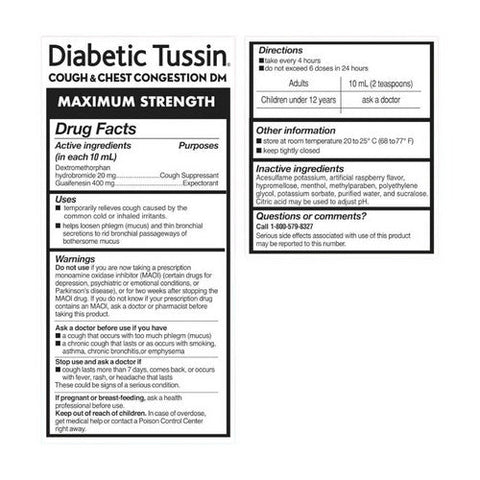 Diabetic Tussin, Maximum Strength Cough And Chest Congestion DM Liquid Berry, 8 Oz Diabetic Tussin