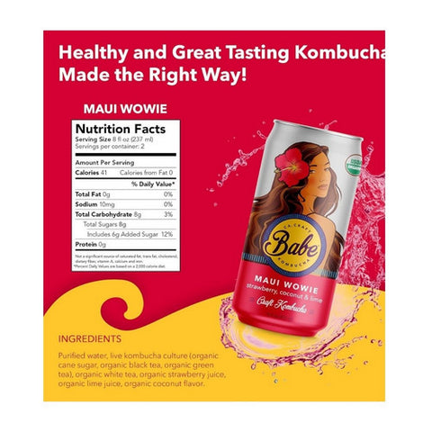 Babe Kombucha, Organic Maui Wowie Strawberry Coconut Lime Flavor Can, 16 Oz (Case Of 12)