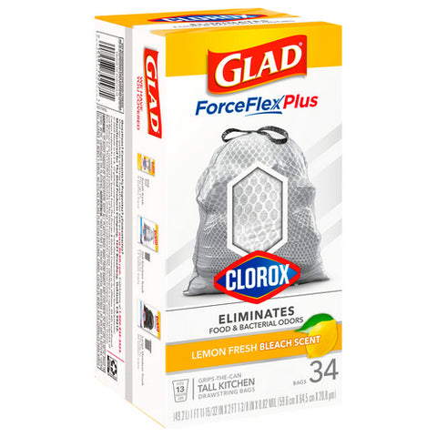 Glad, Drawstring Kitchen Bags Forceflex Plus Tall Lemon Fresh Bleach Scent, 34 Count (Case Of 6)