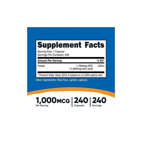 Nutricost, Folic Acid Vitamin B9 Capsules, 1000 Mcg, 240 Count
