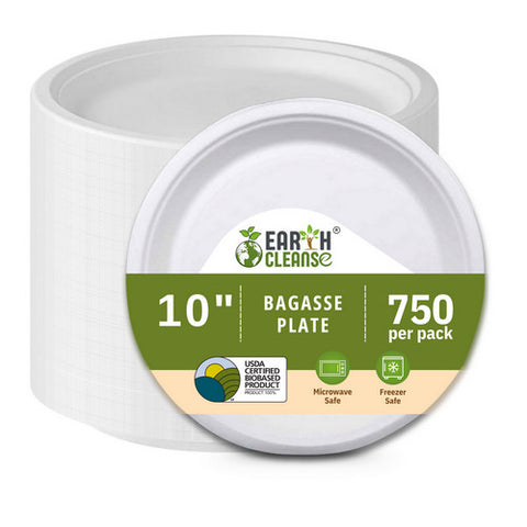 10" Round Bagasse Plates Premium 750 Pack by Earth Cleanse
