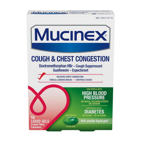 Mucinex, High Blood Pressure Cough And Chest Medicine Liquid Gels, 16 Count