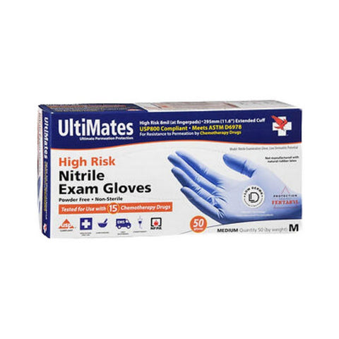High Risk Nitrile Exam Gloves Extended Cuff Medium 50 Count by Ultimates