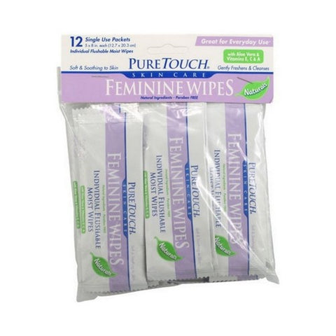 Pure Touch Skin Care, Individual Flushable Moist Feminine Wipes, Travel Pack 12 CT